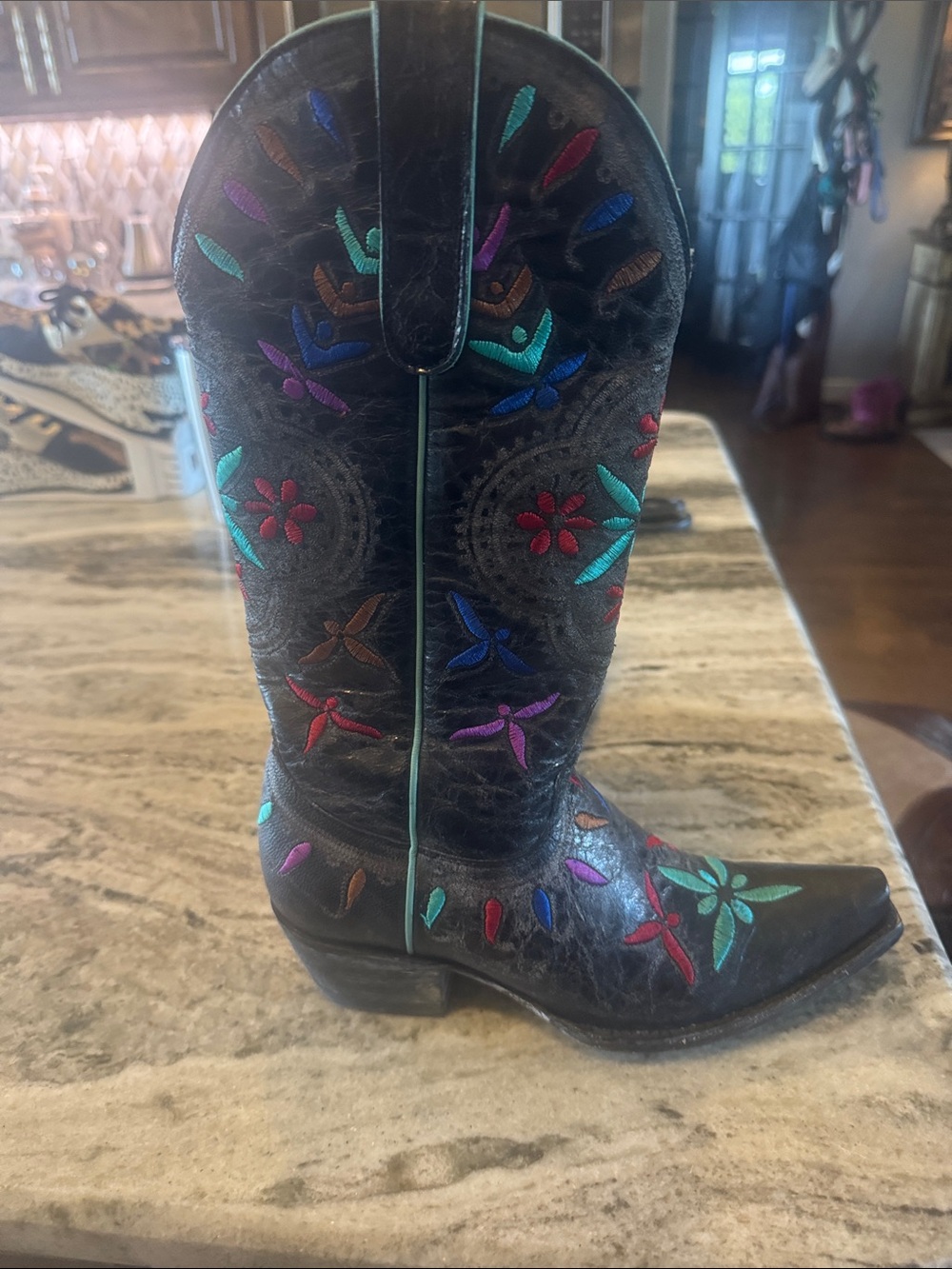 Old Gringo Black Leather Lace-Up Boots with Multicolor Floral Embroidery